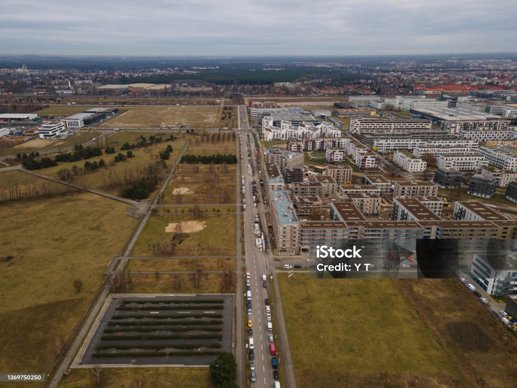 Developing area of Berlin Adlershof Drone shows the developing area in Berlin Adlershof. Aerial View Stock Photo
