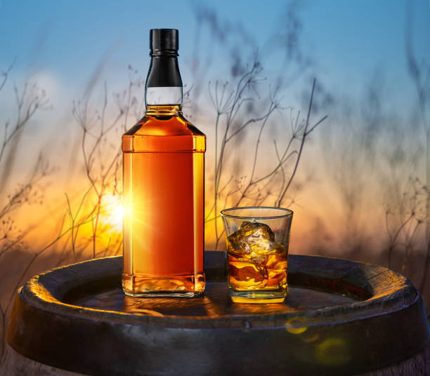 bottiglia di whisky e bicchiere di whisky su vecchia botte di legno. bellissimo tramonto sullo sfondo. - gin decanter whisky bottle foto e immagini stock