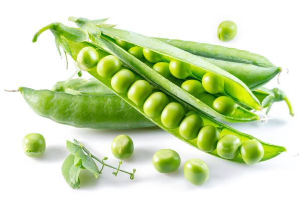 istock Perfect green peas in pod isolated on white background. 1369752109