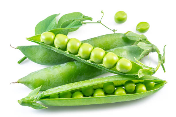 istock Perfect green peas in pod isolated on white background. 1369752132