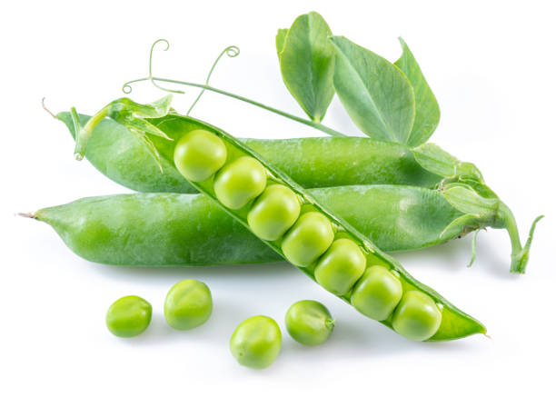istock Perfect green peas in pod isolated on white background. 1369752149