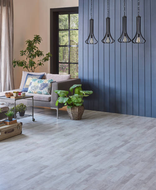 istock Modern room sofa and empty parquet floor for carpet design, home background, lamp frame, garden view outdoor house concept interior style. 1369752615