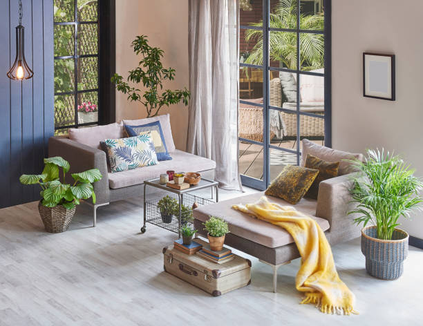 istock Modern room sofa and empty parquet floor for carpet design, home background, lamp frame, garden view outdoor house concept interior style. 1369752628