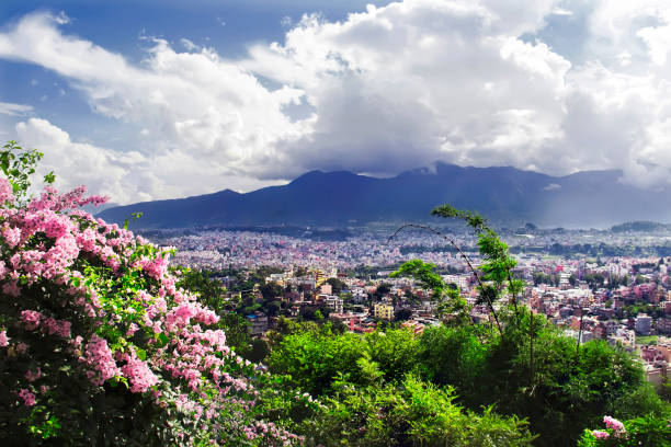 view of kathmandu valley from the swayambhunath temple. kathmandu, nepal - swayambhunath imagens e fotografias de stock