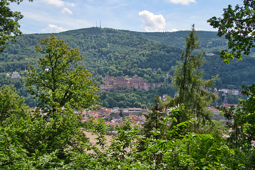 A Panoramic view of beautiful medieval town Heidelberg including Carl Theodor Old Bridge, Neckar river, Church of the Holy Spirit, Germany