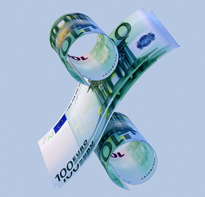 3D Illustration of Percentage symbol made up by 100 Euros banknote