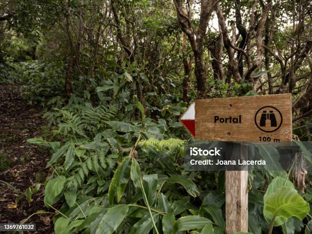 Wooden Sign Pointing To The Portal Viewpoint Flores Island Stock Photo - Download Image Now