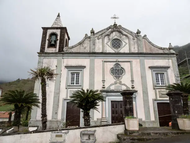 Photo of The facade of the Church of Nossa Senhora dos Remédios, Lajes das Flores, Flores Island.