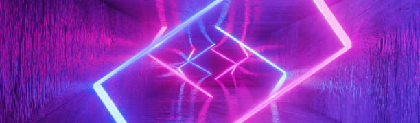 istock Panoramic header banner 3d render illustration dark background, futuristic Sci-Fi abstract blue and purple neon light, glowing line, violet neon laser light, tunnel, corridor, virtual reality scene 1369765853