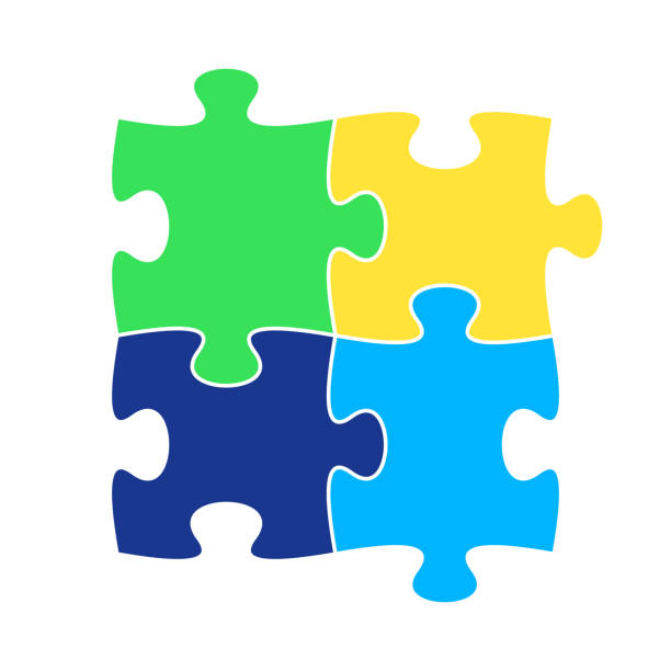 Four jigsaw puzzle pieces representing teamwork vector art illustration