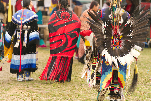 Pow Wow, 2nd Annual Two Spirit Powwow, by 2-Spirited People of the 1st Nations. Youth and women traditional dance in colourful dress: Toronto, Ontario, Canada - May 27, 2023.