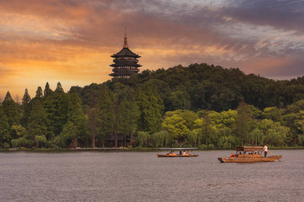 04.23.2017. Hangzhou, China. Traditional Chinese boats float on Xihu Lake