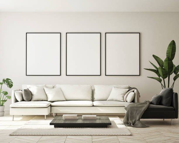 istock mock up poster frame in modern interior background, living room, Scandinavian style, 3D render, 3D illustration 1369771648