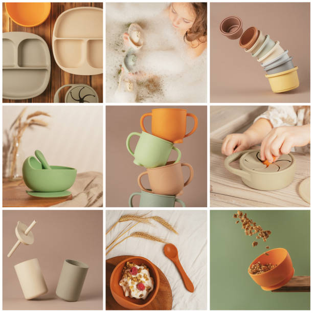 Collage of nine photos in beige colors with eco friendly baby accessories. Silicone crockery, plastic bath toys stock photo