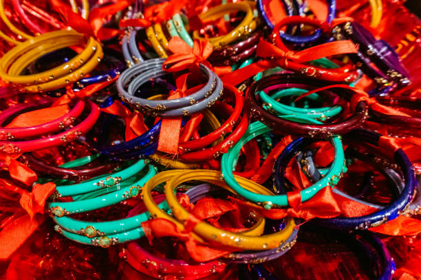 Indian bangles, handicrafts for sale, close up.