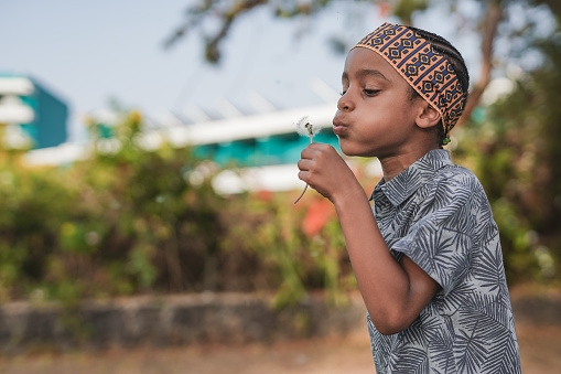 Cute little african boy blowing dandelion at city park