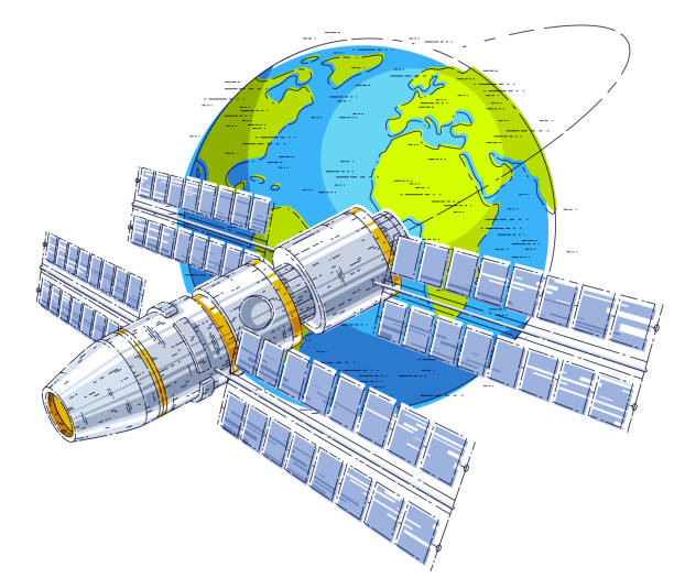 istock Space station flying orbital flight around earth, spacecraft spaceship iss with solar panels, artificial satellite. Thin line 3d vector illustration. 1369777450