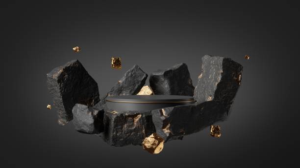 istock 3d render, abstract background with black rock cobblestone ruins and golden nuggets levitating. Modern minimal showcase with empty podium for product presentation 1369777965