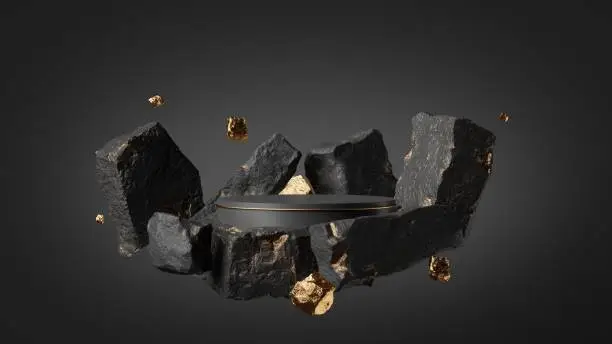 Photo of 3d render, abstract background with black rock cobblestone ruins and golden nuggets levitating. Modern minimal showcase with empty podium for product presentation