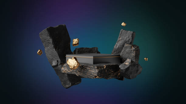 istock 3d render, abstract background with black rocks cobblestone debris and golden nuggets levitating, isolated on blue violet background. Modern showcase with empty square podium for product presentation 1369778031