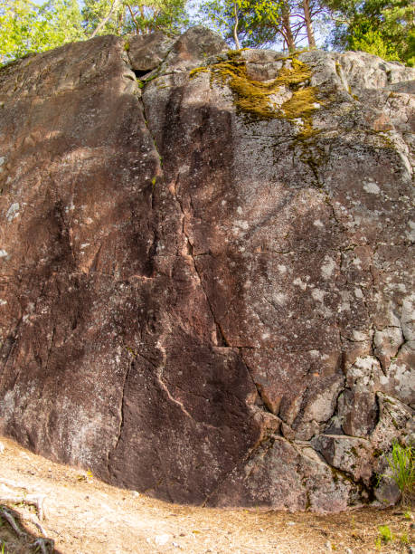 istock Granite rock with cracks overgrown with moss in the forest. 1369778719