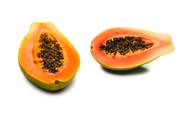 istock Papaya fruit isolated on a white background. Tropical fruit. Half papaya. 1369780542