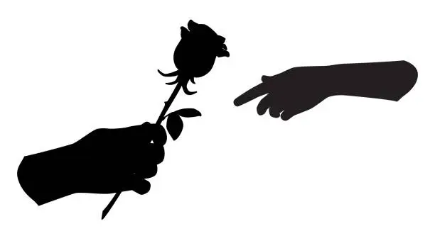 Vector illustration of Silhouette of hand holding a rose and giving it. Man gives a flower to a woman