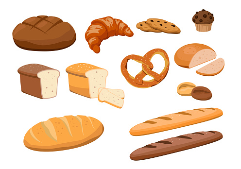 Set of fresh and tasty bakery products on white background. Vector rye and wheat bread, croissant, pretzel, muffin, roll, toast bread, baguette and cookies in cartoon style.