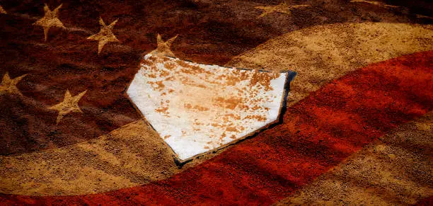 Baseball homeplate home plate in brown dirt for sports american past time flag