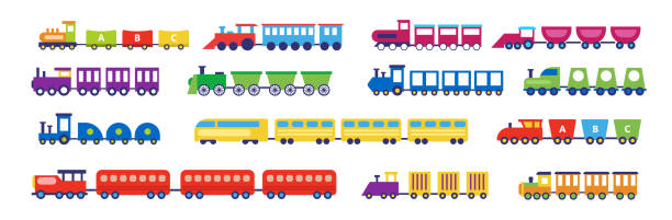 Set of varicoloured toy train on white background. Vector cartoon train for kids in flat style.