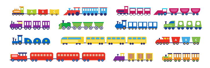 Set of varicoloured toy train on white background. Vector cartoon train for kids in flat style.