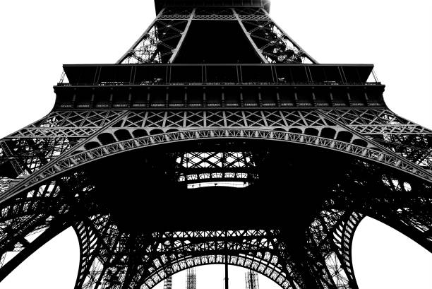 torre eiffel (contorno) em paris, frança (em um fundo branco) - eiffel tower duotone architectural styles tourism - fotografias e filmes do acervo