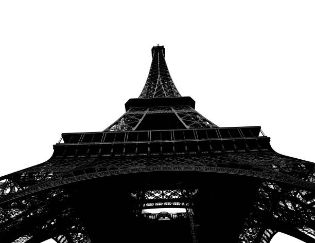 torre eiffel (contorno) em paris, frança (em um fundo branco) - eiffel tower duotone architectural styles tourism - fotografias e filmes do acervo