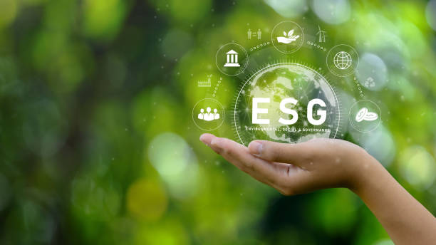 concetto di icona esg. l'ambiente in mani rinnovabili. natura, terra, società e governance sg nel business sostenibile su connessioni in rete su sfondo verde. icona ambientale - corporate responsibility foto e immagini stock