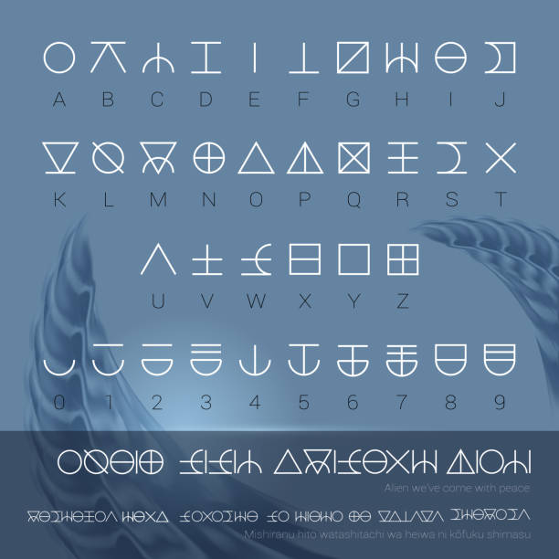 Unreadable Alien Alphabet Set of Unreadable Alien Alphabet with Letters and Numbers. Template for Computer Game Hieroglyphic hieroglyphics stock illustrations