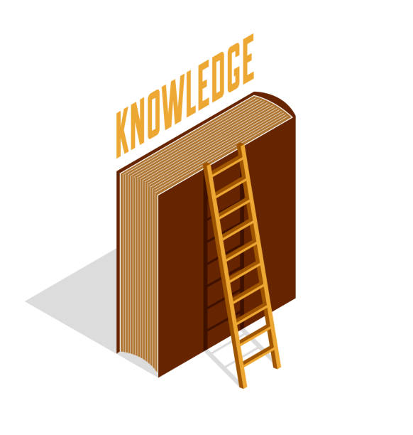 Education and knowledge concept shown with book and ladder to the top, vector concept illustration in 3d isometric style. Education and knowledge concept shown with book and ladder to the top, vector concept illustration in 3d isometric style. opportunity dictionary definition stock illustrations