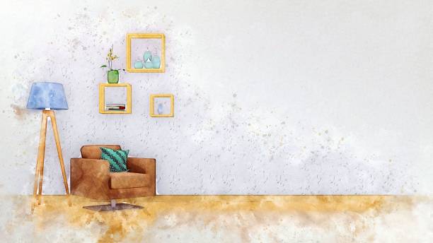 istock Living room interior with copy space in watercolor 1369785353