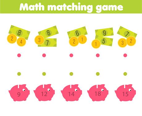 Mathematics matching educational children activity. Study counting money for kids and preschool. Match piggy bank with coins.