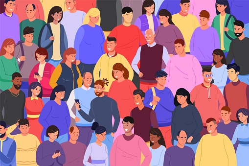 Demographic diversity. Crowd diverse business people, society different students, stylish hipsters crowded social group, old young man women together, garish vector illustration