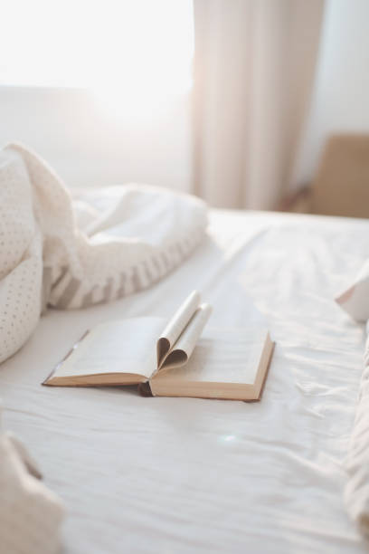 istock Cozy morning bed with a book with pages folded into a heart shape 1369788142
