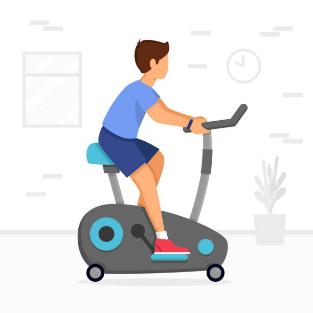 ilustrações, clipart, desenhos animados e ícones de homem treinando em bicicleta de exercício - people recreational pursuit exercising physical activity