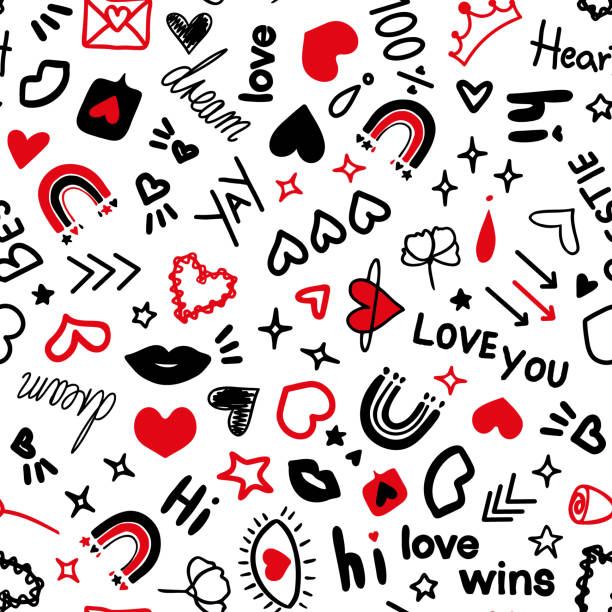 Cartoonish doodle love themed icons seamless repeat pattern. Random placed, vector hearts, rainbows, wording, stars, numbers, arrows, love letter and more. Valentines all over print on white background. all over pattern stock illustrations