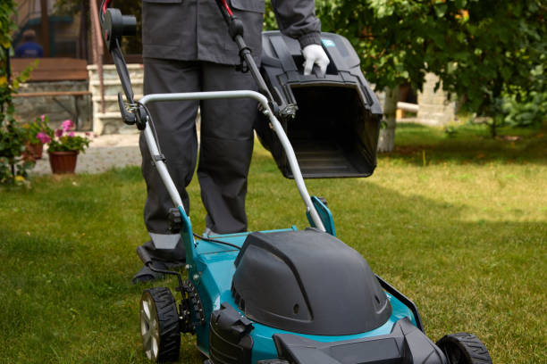 istock Man has cleaned the lawn mower basket and is ready to get back to work 1369790066
