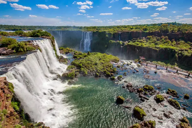 View of the Iguazu Falls, border between Brazil and Argentina. The falls are one of the seven wonders of the world and are located in the Iguaçu National Park, a UNESCO World Heritage Site.