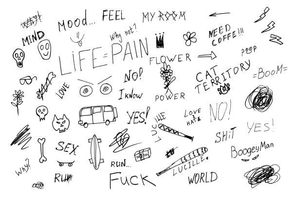 Vector set of modern elements with text, pen inscriptions, crooked handwriting, words of a rock star Vector set of modern elements with text, pen inscriptions, crooked handwriting, words of a rock star on a beige background. Fashionable illustrations in the style of hand drawing for teenagers. tattoo seamless texture stock illustrations