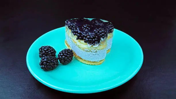 Fruit tartlet with yogurt cream, bisquit and fresh blackberries