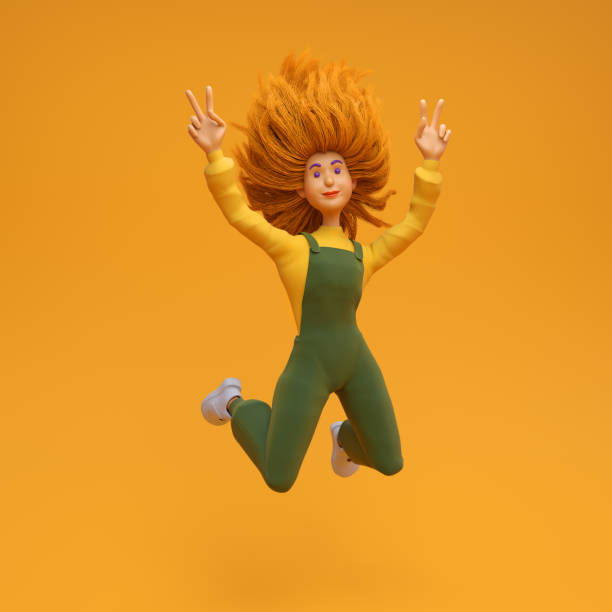 rudowłosa dziewczyna na pomarańczowym tle pokazuje znak zwycięstwa i skacze – zdjęcie