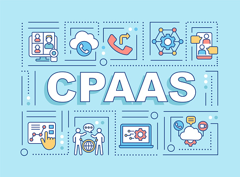 CPAAS word concepts turquoise banner. Communications platform. Infographics with icons on color background. Isolated typography. Vector illustration with text. Arial-Black font used