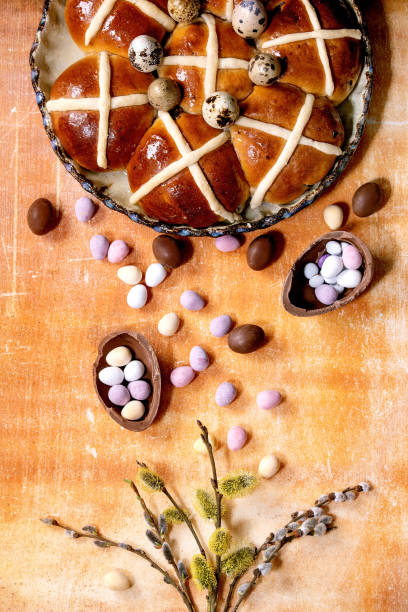 istock Homemade Easter traditional hot cross buns on ceramic dish 1369795139
