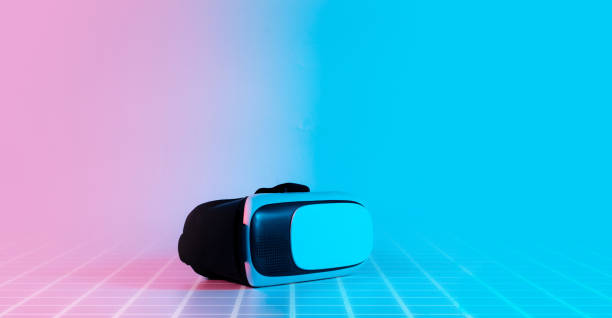 istock Virtual reality VR background. 3d digital glasses on futuristic neon tech background. Cyber space game, NFT game activity lifestyle of future. 1369795145